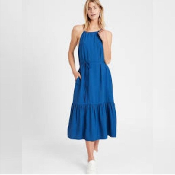 Banana Republic Blue Midi Dress Halter Ruffle Bottom tiered long XS - Picture 1 of 8